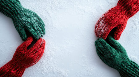 A heartwarming image of red and green gloves holding hands on a snowy surface, symbolizing warmth and togetherness during the festive season.の素材