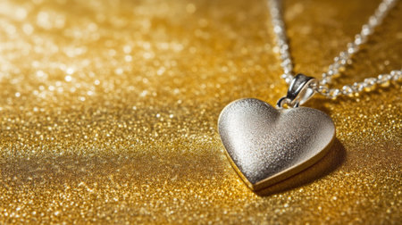 Close-up image of a stunning silver heart pendant resting on a glittering gold background, symbolizing love, elegance, and memorable moments for any occasion.の素材