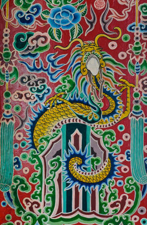 Chinese dragon painting on temple doorのeditorial素材