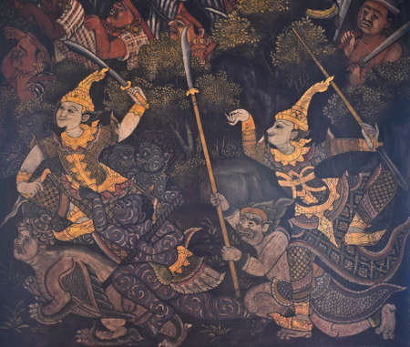 Native Thai mural on temple wallのeditorial素材