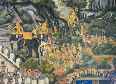 Native Thai mural on temple wallのeditorial素材