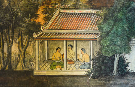 Native Thai mural on temple wallのeditorial素材