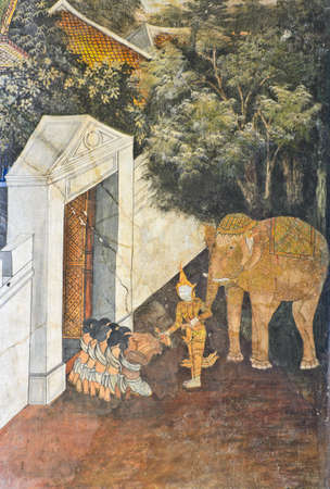 Native Thai mural depict a previous life of Buddhaのeditorial素材