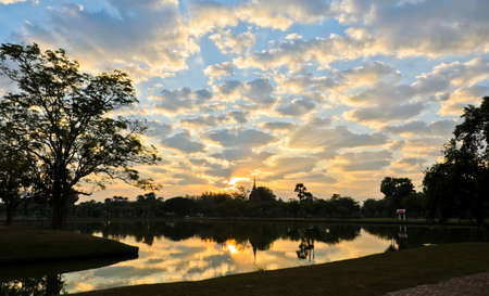 Beautiful sunrise at Sukhothai Historical Park, Thailandの写真素材