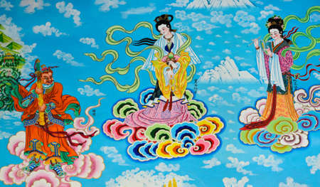 Chinese mural on temple wall, Thailandのeditorial素材