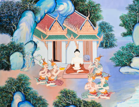 Thai Buddhist mural of life of Buddhaのeditorial素材