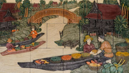 Sculpture stone wall of Thai floating market のeditorial素材