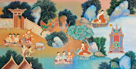 Traditional Thai mural painting of the Life of Buddha on temple のeditorial素材