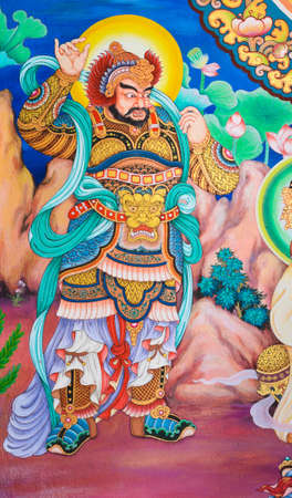 Chinese god painting on temple wall, Thailandのeditorial素材