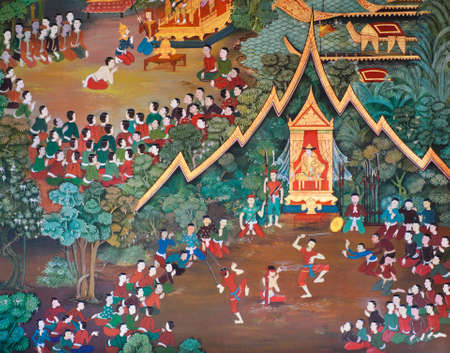 Traditional Thai mural painting of the Life of Buddha on temple