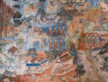 Ancient Thai mural painting of the Life of Buddha on temple wall, Thailand