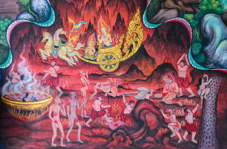 Thai Buddhist mural on temple wall, Thailandのeditorial素材