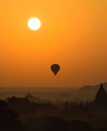 Bagan at sunrise with hot air balloon, Myanmar の写真素材