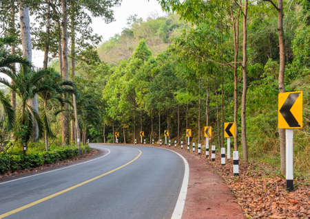 Countryside road with warning curve road sign の写真素材