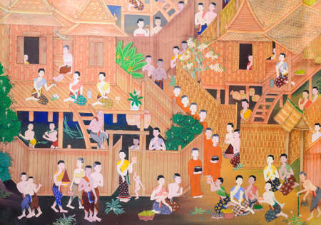 Thai mural painting of the offering food to Buddhist monks のeditorial素材
