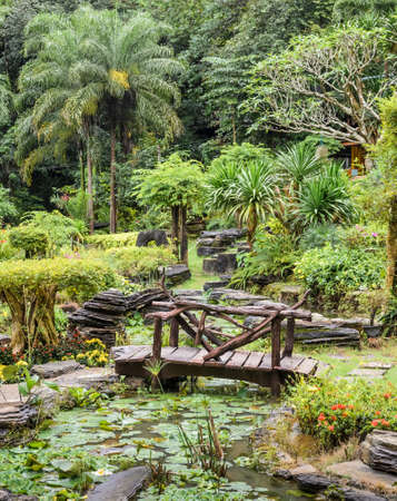 Ornamental garden with foot bridge over a pondの写真素材