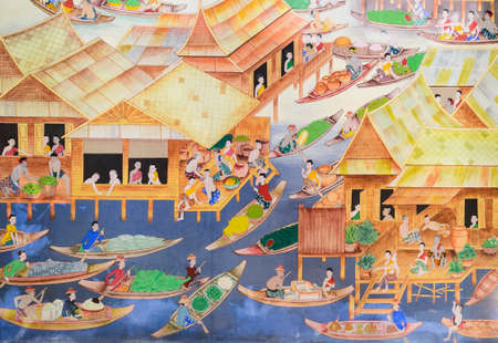Thai mural painting of floating market on temple wallのeditorial素材