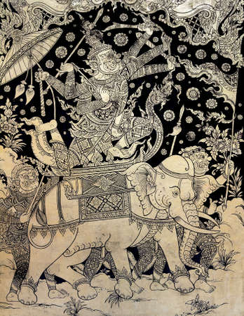 Ancient Thai gold leaf painting art of Ramayana epicのeditorial素材