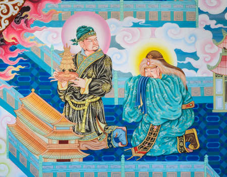 Traditional Chinese mural on temple wallの写真素材