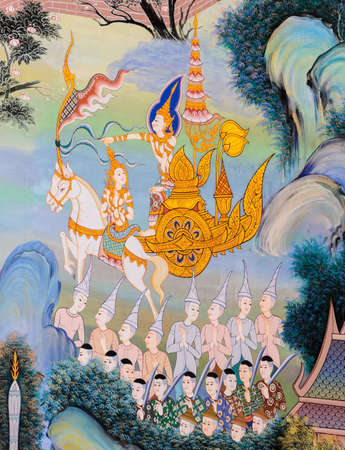 Thai mural painting on temple wallのeditorial素材
