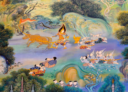 Thai mural painting on temple wallの写真素材