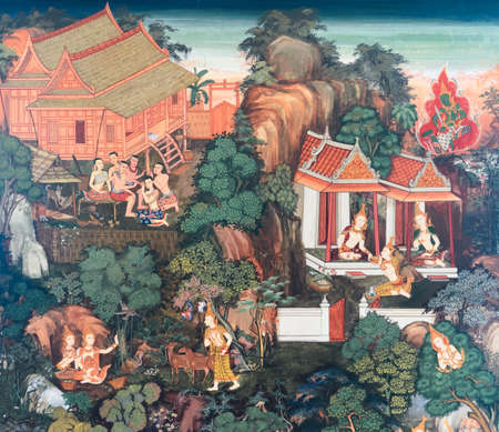 Traditional Thai mural painting on temple wallのeditorial素材