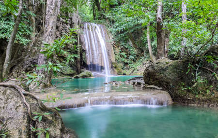 Beautiful deep forest waterfall of Erawan waterfall in Kanchaburi, Thailandの写真素材