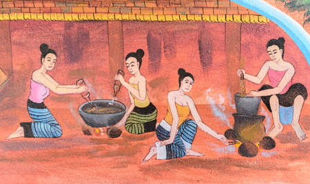 Thai mural painting of Thai Lanna life in the past on temple wall of Wat Chang Kham Temple in Chiang Mai, Thailandのeditorial素材
