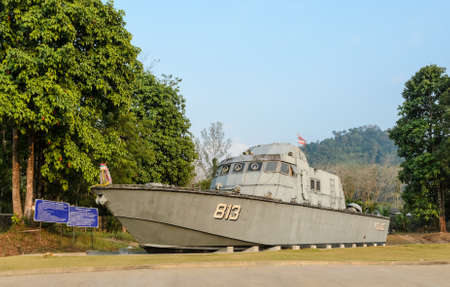 PHANG-NGA, THAILAND - FEBRUARY 15 : Tsunami Police Boat 813 (Buretpadungkit) at International Tsunami Museum on February 15, 2015 in Phang nga, Thailand. The boat was swept inland almost 2 Km. in December 26, 2004, to where it sits today.のeditorial素材