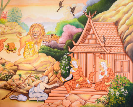 Buddhist temple mural painting The life of Buddha inside of Wat Loi Kroh in Chiang Mai Thailand