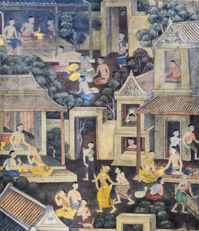 BANGKOK ,THAILAND - NOVEMBER 5, 2014 : Ancient Buddhist temple mural painting of the life of Buddha inside of Wat Pho in Bangkok, Thailandのeditorial素材