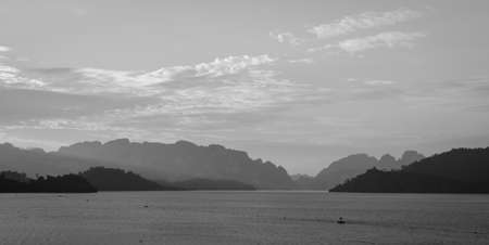 Stunning view of Limestone mountains and lake in Khao Sok National Park, Surat Thani Province, Thailand. Black and white color.の写真素材