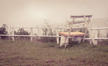 White bench in foggy morning on the mountain. Retro or vintage filtered image.の写真素材