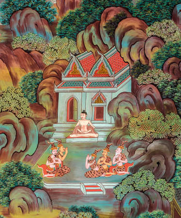 NONTHABURI, THAILAND - JULY 25, 2015 : Ancient Buddhist temple mural painting of the life of Buddha inside of Wat Bot Bon in Nonthaburi, Thailandのeditorial素材