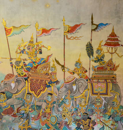 NONG KHAI, THAILAND - OCTOBER 27, 2015 : Ancient Buddhist temple mural painting of the life of Buddha inside of Wat Pho Chai in Nong Khai, Thailandのeditorial素材