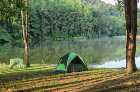 Green camping tents in pine tree forest near lake at Pang Oung national park in Mae Hong Son, Thailandの写真素材