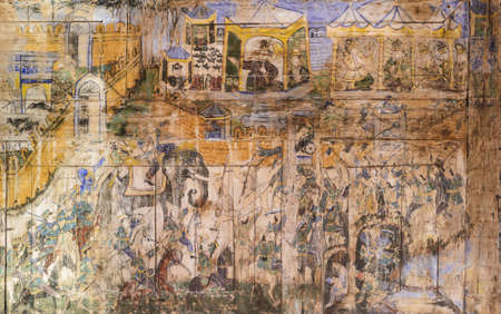 LAMPANG,THAILAND - NOVEMBER 23, 2015 : Ancient Thai mural painting on wooden temple wall at Wat Phra That Lampang Luang in Lampang, Thailandのeditorial素材