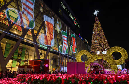 BANGKOK, THAILAND - DECEMBER 21, 2015 : Night illumination of Christmas and New Year celebration 2016 at Central World shopping mall, Ratchaprasong intersection in Bangkok, Thailand. Decorated in concept of Disneyland fairy taleのeditorial素材