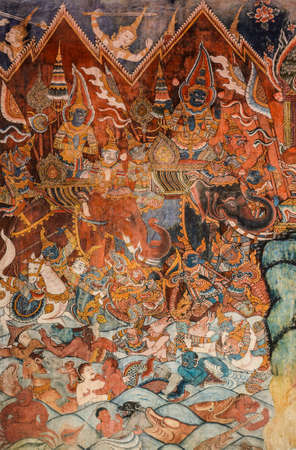 Ancient Buddhist temple mural painting of the life of Buddha ,Thailandのeditorial素材