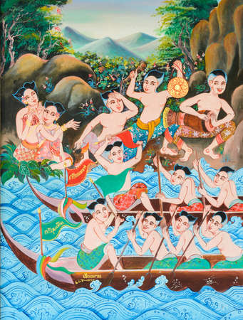 Native Thai mural painting of Long boat race festival in Loei, Thailand.の写真素材