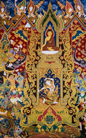 Ancient Buddhist temple mural painting of the life of Buddha in Ayutthaya, Thailandのeditorial素材