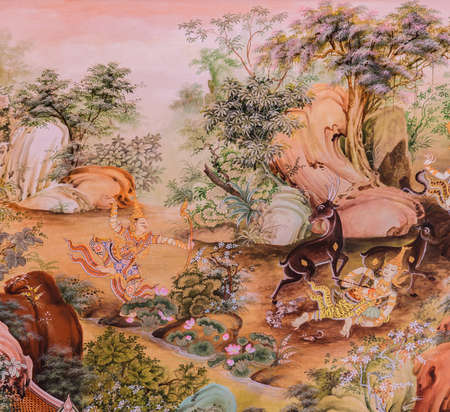 Buddhist temple mural painting (The life of Buddha) in Suphan Buri, Thailandのeditorial素材