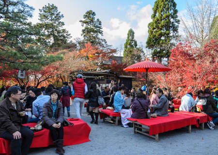 KYOTO, JAPAN - NOVEMBER 23, 2016: Tea garden where tourists can have matcha tea with sweets and...