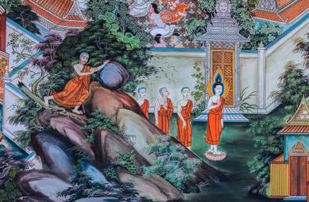Buddhist temple mural painting (The life of Buddha) in Suphan Buri, Thailandのeditorial素材