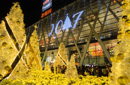 BANGKOK, THAILAND - DECEMBER 22, 2016 : Night illumination of Christmas and New Year celebration 2017 at Central World shopping mall, Ratchaprasong intersection in Bangkok, Thailand.のeditorial素材