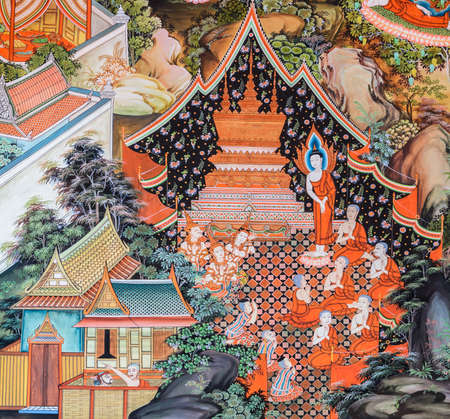 Buddhist temple mural painting (The life of Buddha) in Suphan Buri, Thailandの写真素材