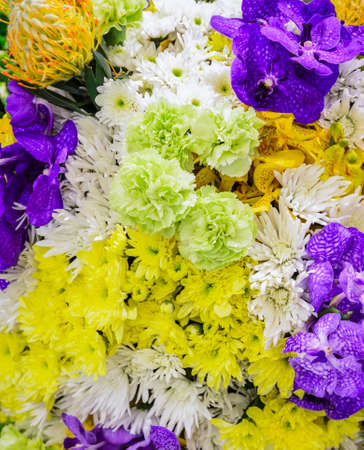 Beautiful natural flowers ornamental garden wall background with different types of flowers as orchid, carnation, and mumsの写真素材