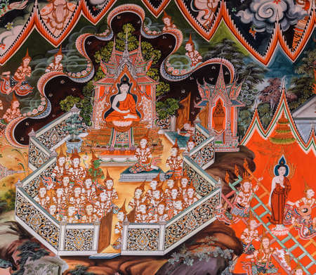 SUPHAN BURI, THAILAND - JANUARY 31, 2014 : Buddhist temple mural painting (The life of Buddha) inside of Wat Sampasiw  in Suphan Buri, Thailandのeditorial素材