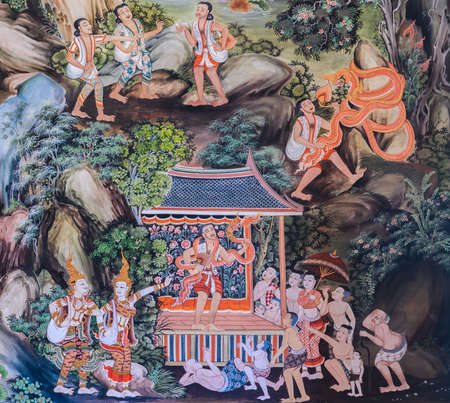 Buddhist temple mural painting (The life of Buddha) in Suphan Buri, Thailandの写真素材