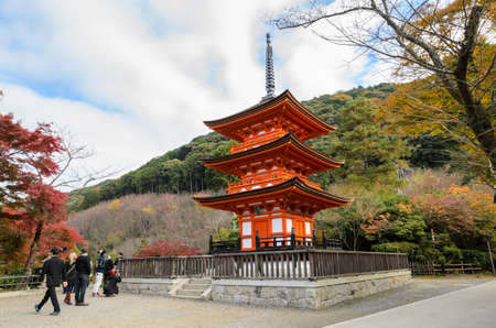 Red pagoda in autumn season at Kiyomizu-dera Temple, Kyoto, Japanのeditorial素材